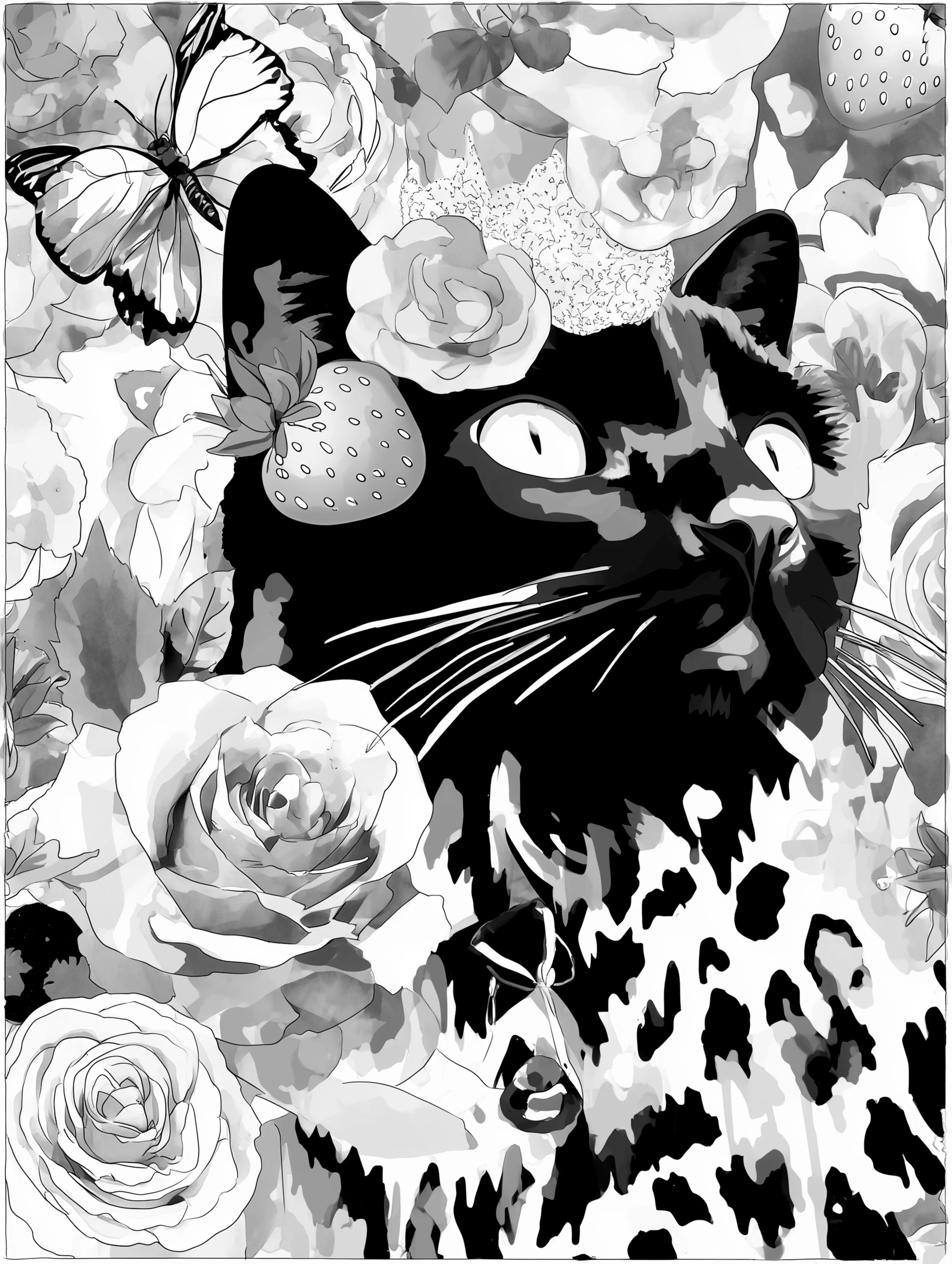 Free printable black cat coloring page for adults featuring strawberries and roses black cat